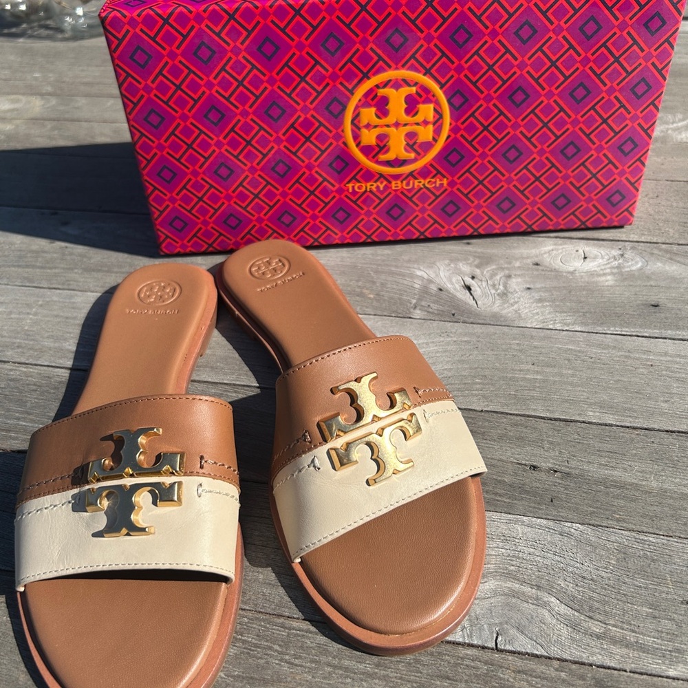 Tory Burch Brown and Cream Slide Sandals